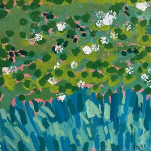 Acrylic impressionist style painting depicting a garden with a blue and green background with pink and white flowers