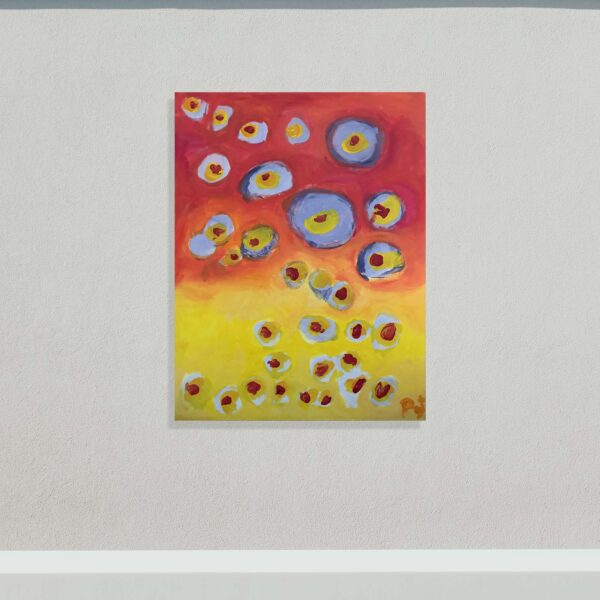 Acrylic painting red and yellow background with white, blue, yellow and red circles