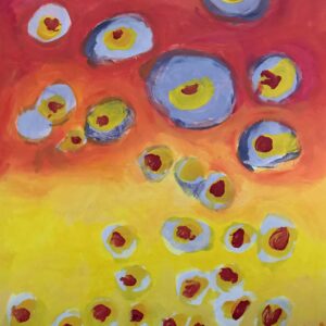Acrylic painting red and yellow background with white, blue, yellow and red circles